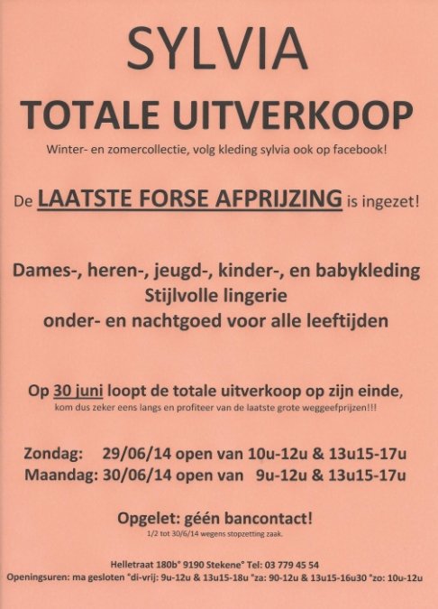 TOTALE UITVERKOOP, te Stekene nog tot 30/6/14