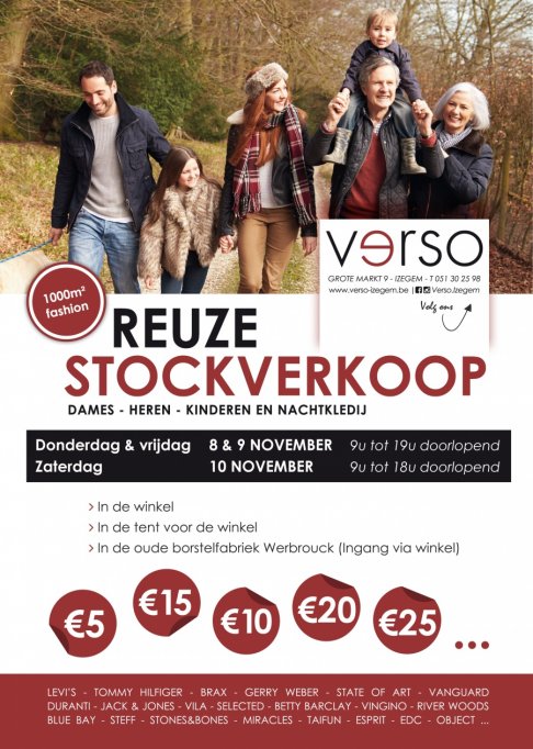 Reuze stockverkoop merkkledij dames, heren en kinderkledij Verso Izegem