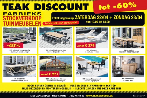 TUINMEUBELEN AAN -30% tot -70% rechtstreeks van Groothandel enkel toegankelijk op 22 en 23 april ( 10u tot 18u) te Hamme