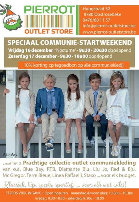 16 & 17/12: Prachtige outlet communie-collectie bij Pierrot Outletstore!!