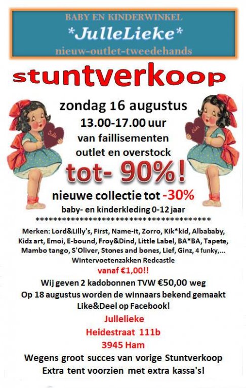 Stuntverkoop zondag 16 augustus van faillisementen, outlet en overstock