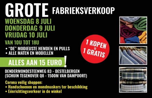 Fabrieksverkoop hemden en pulls heren 1kopen+1gratis + damesbloezen