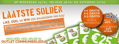 woe 24/1, vrij 26/1 & zat 27/1: laatste solden 1+1 gratis, 2+2 gratis, 3+3 gratis, ... !!