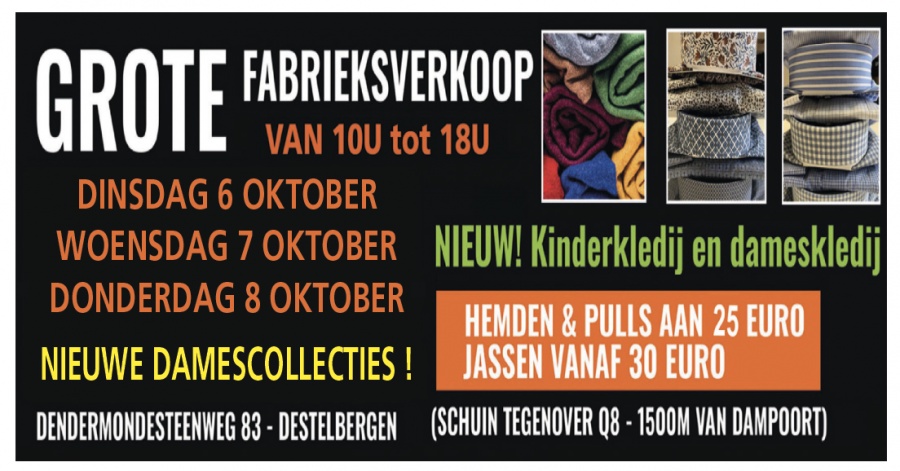 Fabrieksverkoop hemden en pulls Destelbergen op 6-7-8 OKTOBER 2026 van 10-18u