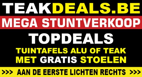 OUTLET TUINMEUBELEN - TUINTAFELS ALU OF TEAK MET GRATIS STOELEN - LOUNGE SETS & DECORATIE - INTERIEUR & BADKAMERMEUBELEN