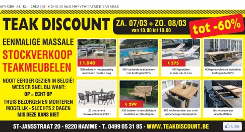 TUINMEUBEL UITVERKOOP -30% tot -70% RECHTSTREEKS VAN IMPORTATEUR zaterdag 7 en zondag 8 maart (10u tot 18u)