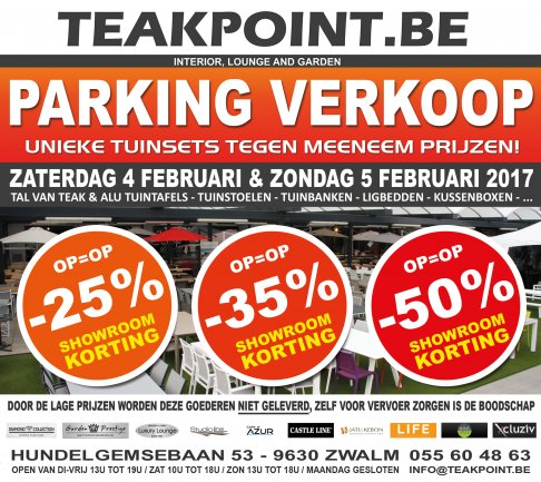 PARKINGVERKOOP - TEAK & ALU TUINMEUBELEN: TUINTAFELS - TUINSTOELEN - TUINBANKEN - LIGBEDDEN - KUSSENBOXEN - ...