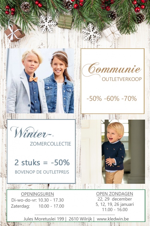 Outletverkoop communiekleding! Winter- en zomercollectie -50% bovenop de outletprijs. 