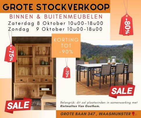 Stockverkoop binnen- en buitenmeubelen Prananatha