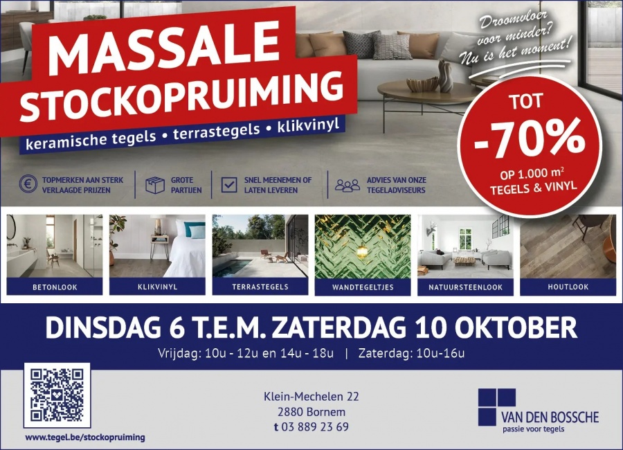 Massale stockopruiming bij Van den Bossche tegels in Bornem