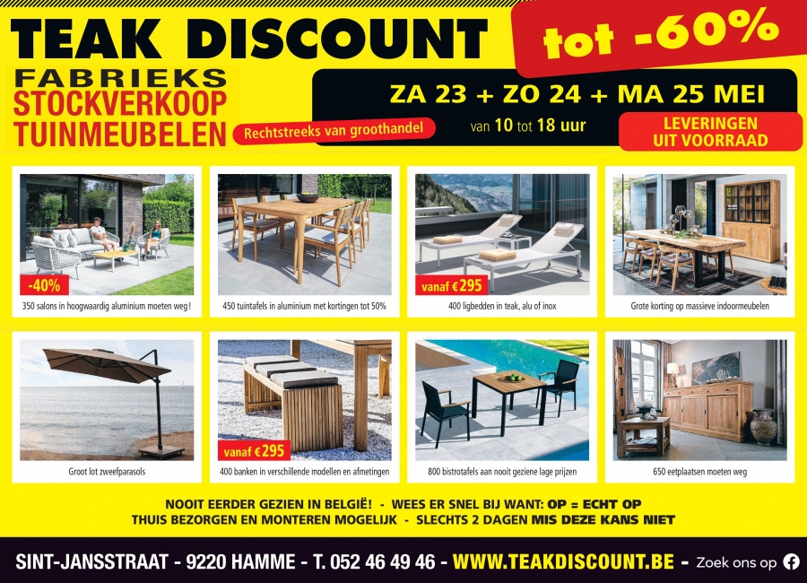 tuinmeubel uitverkoop -30% tot -70% rechtstreeks van importateur zaterdag 23, zondag 24 & maandag 25 mei (10u tot 18u)