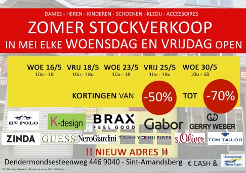 Zomer stockverkoop schoenen, kledij en accessoires