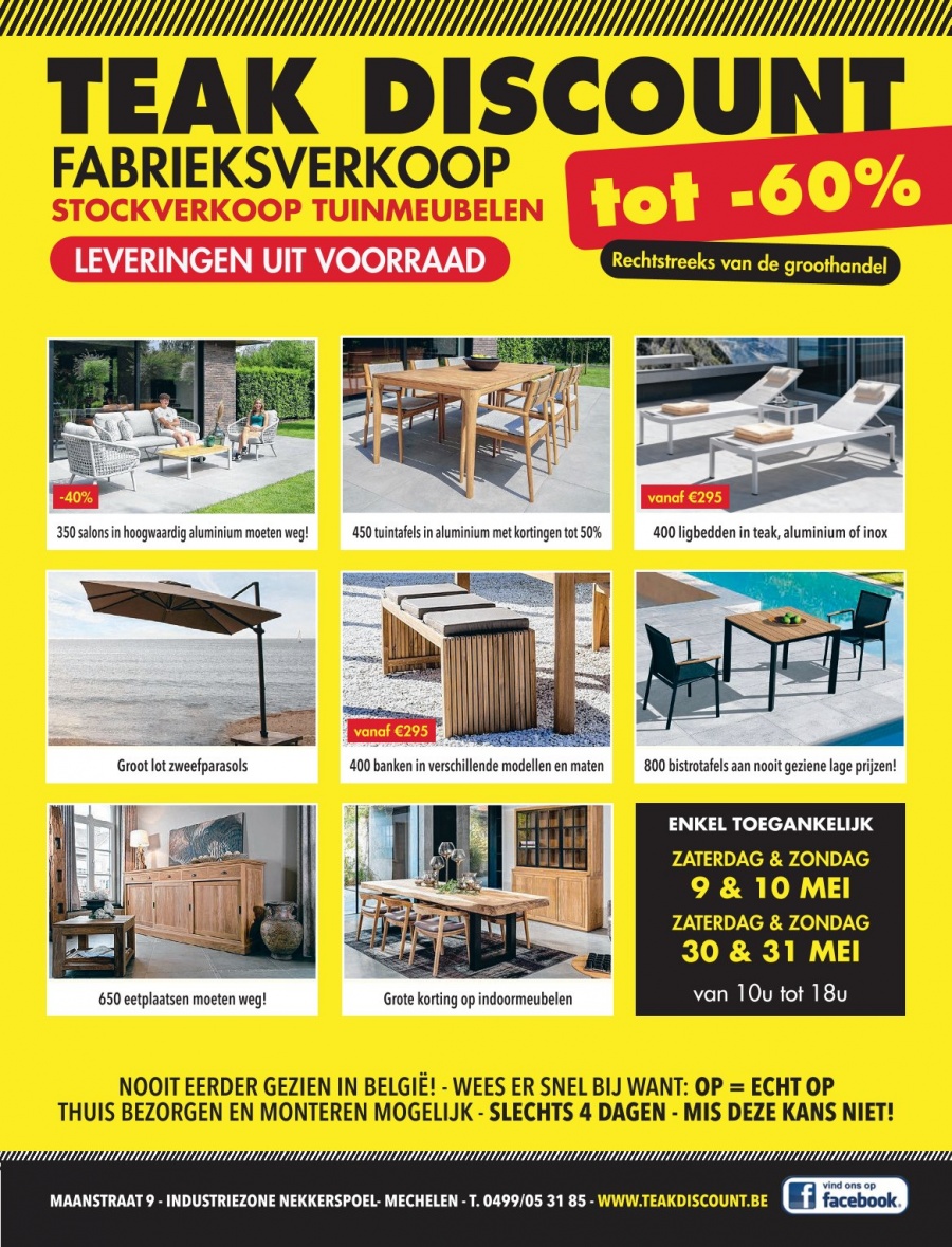 Tuinmeubelen te Mechelen: rechtstreeks van groothandel nu uitzonderlijk toegankelijk voor particulieren 9 & 10 mei !