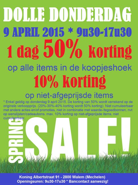 1-Dags Supersale Dolle Donderdag 9 april 2015: min. 50% korting op alle afgeprijsde items in de Koopjeshoek