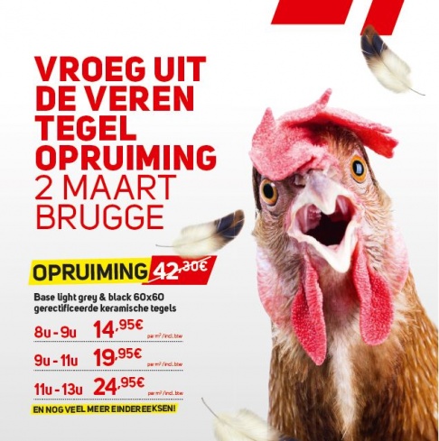 Tegelopruiming - stockverkoop budgettegels - eindereeksen Brugge - zaterdag 2 maart - 2