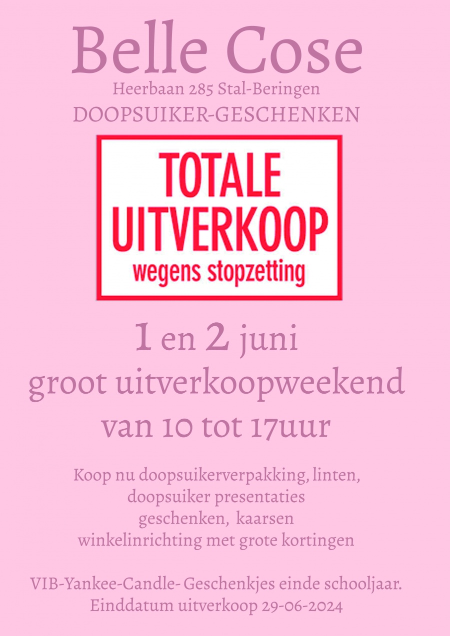 Belle Cose uitverkoop doopsuiker en geschenken wegens stopzetting