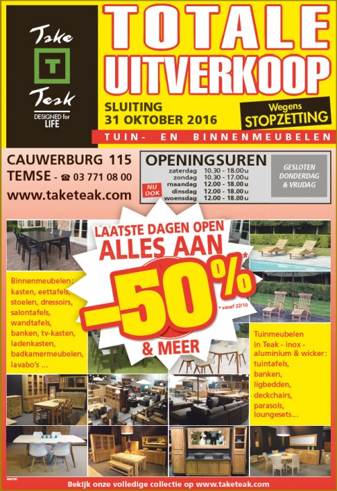 TOTALE UITVERKOOP T/m 31 oktober 2016   WEGENS STOPZETTING >> TAKE TEAK TEMSE