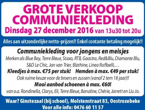 Dinsdag 27/12: Grote verkoop communiekledij + schoenen