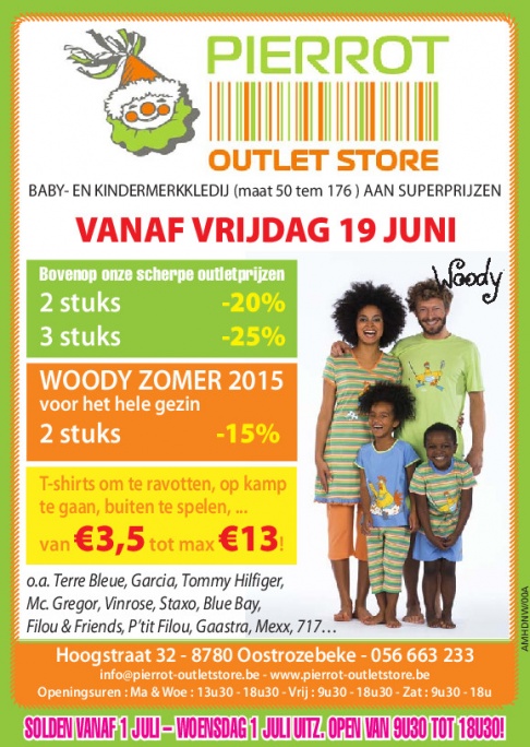 Zomerkorting: 2 stuks -20%, 3 stuks -25%, Woody zomer 2015 -15% vanaf 2 stuks