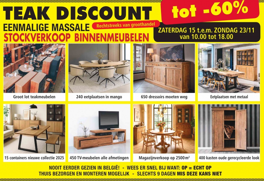 FABRIEKSVERKOOP MASSIEVE MEUBELEN 15 t/m 23/11  te Hoeilaart rechtstreeks van GROOTHANDEL ,ALLES van -30% tot -70% - 1