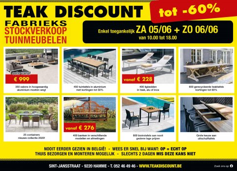 TUINMEUBEL UITVERKOOP -30% tot 70% RECHTSTREEKS VAN IMPORTATEUR (Hamme) enkel 5 & 6 juni ( 10h-18h)