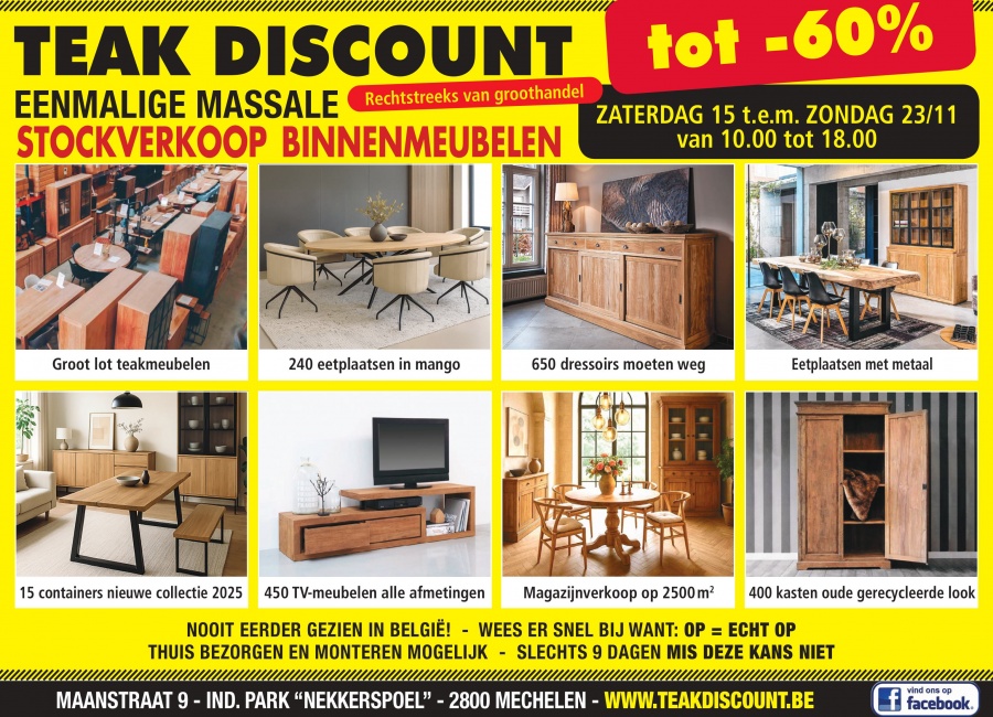 FABRIEKSVERKOOP MASSIEVE MEUBELEN 15 t/m 23/11 te Mechelen rechtstreeks van GROOTHANDEL, ALLES van -30% tot -70%