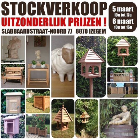 Stockverkoop tuinbeelden, brievenbussen, voederhuizen, ...