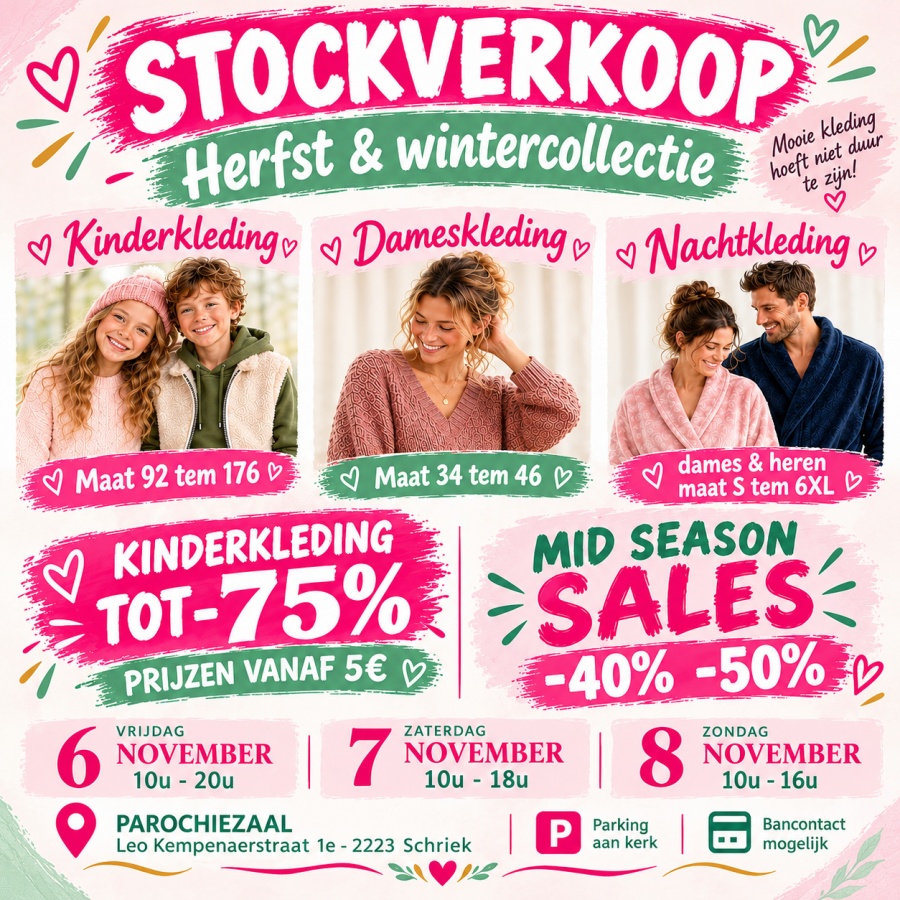 Stockverkoop 3 dagen van diverse merken kinder-, dames- en nachtkledij!