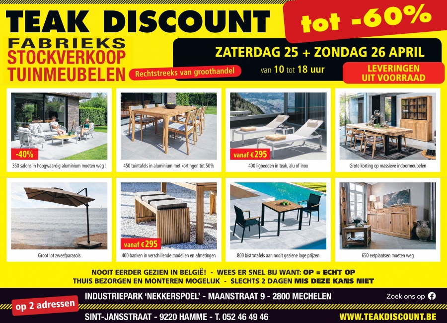 Tuinmeubelen te Mechelen: rechtstreeks van groothandel nu uitzonderlijk toegankelijk voor particulieren 25 & 26 april !
