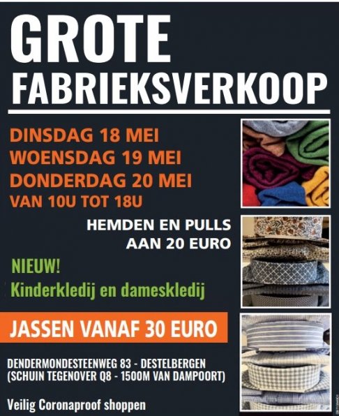 Grote Fabrieksverkoop hemden en pulls heren, dameskledij en kinderkledij