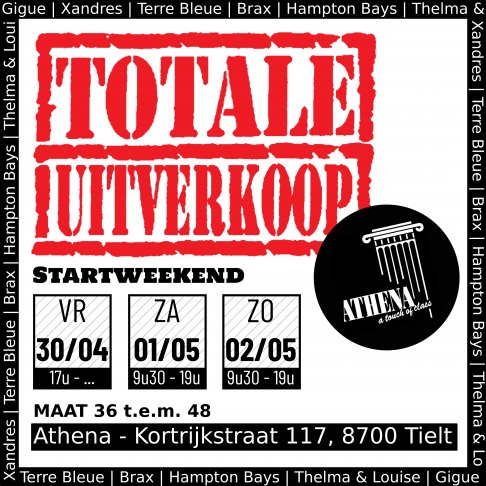 Startweekend totale uitverkoop dameskledij Athena Tielt