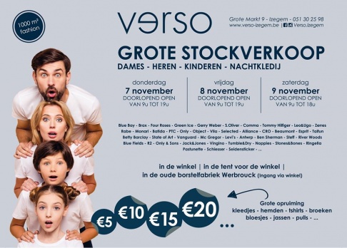 Verso stockverkoop:  merkkledij dames, heren en kinderen 