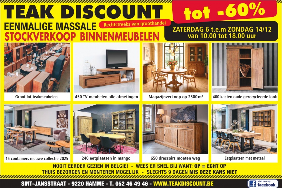 FABRIEKSVERKOOP MASSIEVE MEUBELEN 6 t/m 14/12 te Hamme rechtstreeks van GROOTHANDEL, ALLES van -30% tot -70% - 1