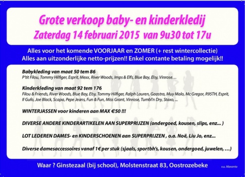 Zaterdag 14/02/15: Grote verkoop baby- en kinderkledij!!