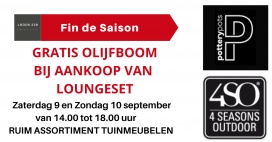 Outlet stock verkoop & nieuwe tuinmeubelen, decoratie, bloembakken, olijfbomen, druivelaars, vijgenbomen