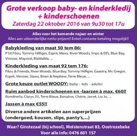 Zaterdag 22/10: Grote verkoop baby- en kinderkledij + kinderschoenen!!