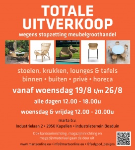 TOTALE UITVERKOOP wegens stopzetting groothandel - van woensdag 19/8 t/m 26/8