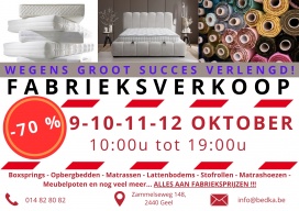 Fabrieksverkoop boxsprings, opbergbedden, matrassen, lattenbodems, stofrollen, meubelpoten, matrashoezen, ...
