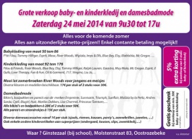 Grote verkoop baby- en kinderkledij en damesbadmode op 24 mei te Oostrozebeke!!