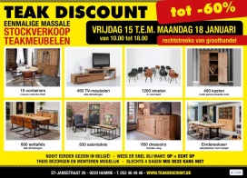 Teak Meubelen Fabrieksverkoop -40% -50% -60% ,  uitzonderlijk toegankelijk van 15 tot 18 januari oktober (Hamme)