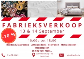 Fabrieksverkoop matrassen, bedden, stofrollen, meubelpoten, matrasstoffen...