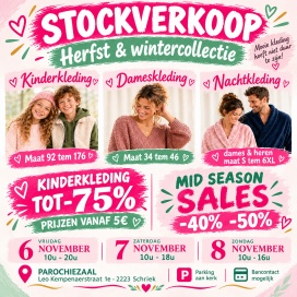 Stockverkoop 3 dagen van diverse merken kinder-, dames- en nachtkledij!