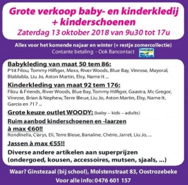 Zaterdag 13/10: Grote verkoop Baby- en kindermerkkledij + kinderschoenen
